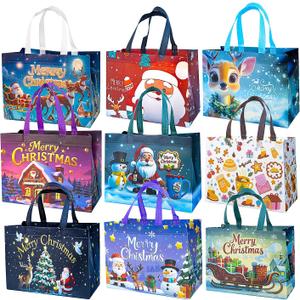 JWSCYSY 9Pcs Christmas Gift Bags, Reusable Non-Woven Tote Bags with Handles for Xmas Gifts Wrapping Holiday Party Supplies