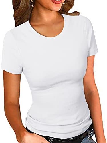 PALINDA Women's Crew Neck Ribbed Fitted Shirt Basic Short Sleeves Summer T Shirt Tops Mediu