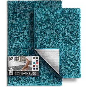Hearth & Harbor Bathroom Rugs, Chenille Bath Mat - Machine Washable Bath Mats for Bathroom Non-Slip Backing Rubber, Quick Dry Bathroom Mat (Teal)