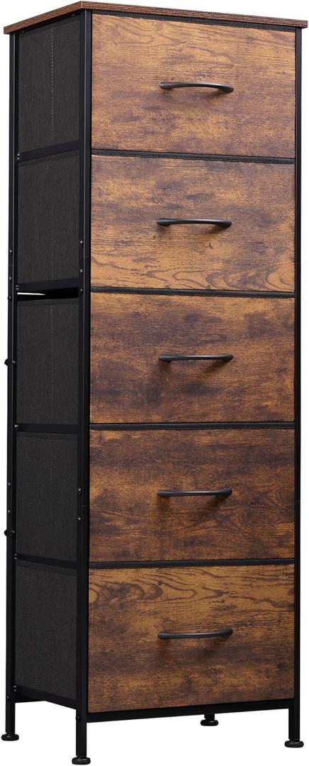 WLIVE Fabric Dresser, 5-Drawer Tall Dresser for Bedroom, Storage Organizer with Fabric Bins, Wood Top, Sturdy Steel Frame, Chest of Drawers for Closet, Hallway, Rustic Brown Wood Grain Print