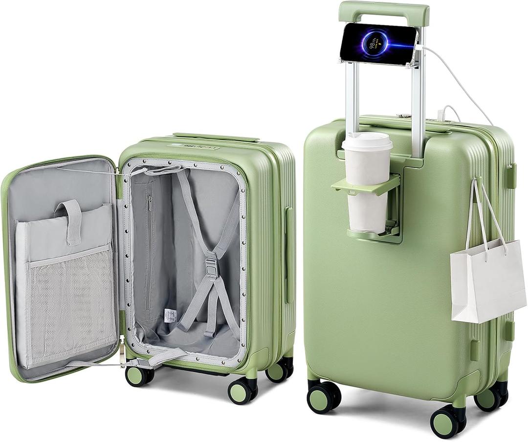 Hanke 20 Inch Expandable Carry On Luggage Airline Approved Top Opening Travel Luggage Rolling Suitcase with Cup Holder Hard Shell Suitcases with Wheels (Bamboo Green)