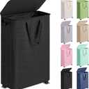 Slim Laundry Hamper with Lid and Wheels, Small Rolling Laundry Basket with Handle for Small Spaces, Tall Dirty Clothes Hampers for Dorm, Bathroom and Bedroom, 75L Black