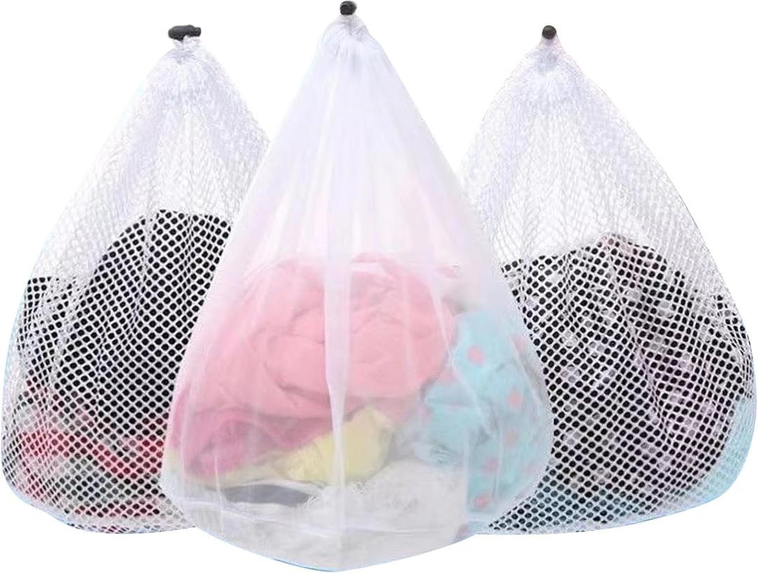 3Pcs Mesh Laundry Bags Washing Machine Mesh Wash Bags Jumbo for Delicates Clothes,Bed Linen,Toys with Drawstring Closure Sturdy(3 XXLarge 28 x 26 Inches) (White)