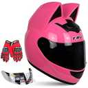 Personalized Cool Cat Ear Electric Motorcycle Helmet Winter Full Helmet Men and Women Racing Shaped Motorcycle Helmet (M, Pink)