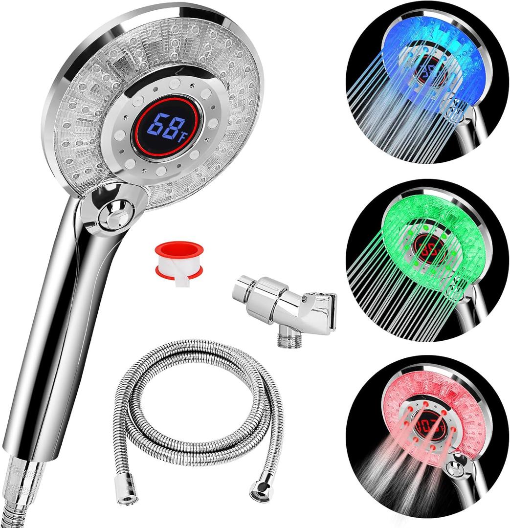 LED Shower Head Color Changing, Handheld Shower Head High Pressure with Hose, Water Saving Spray Showerheads, Discoloration Warning, Water Temperature Display, 3 Spray Modes, Easy to Install, Chrome
