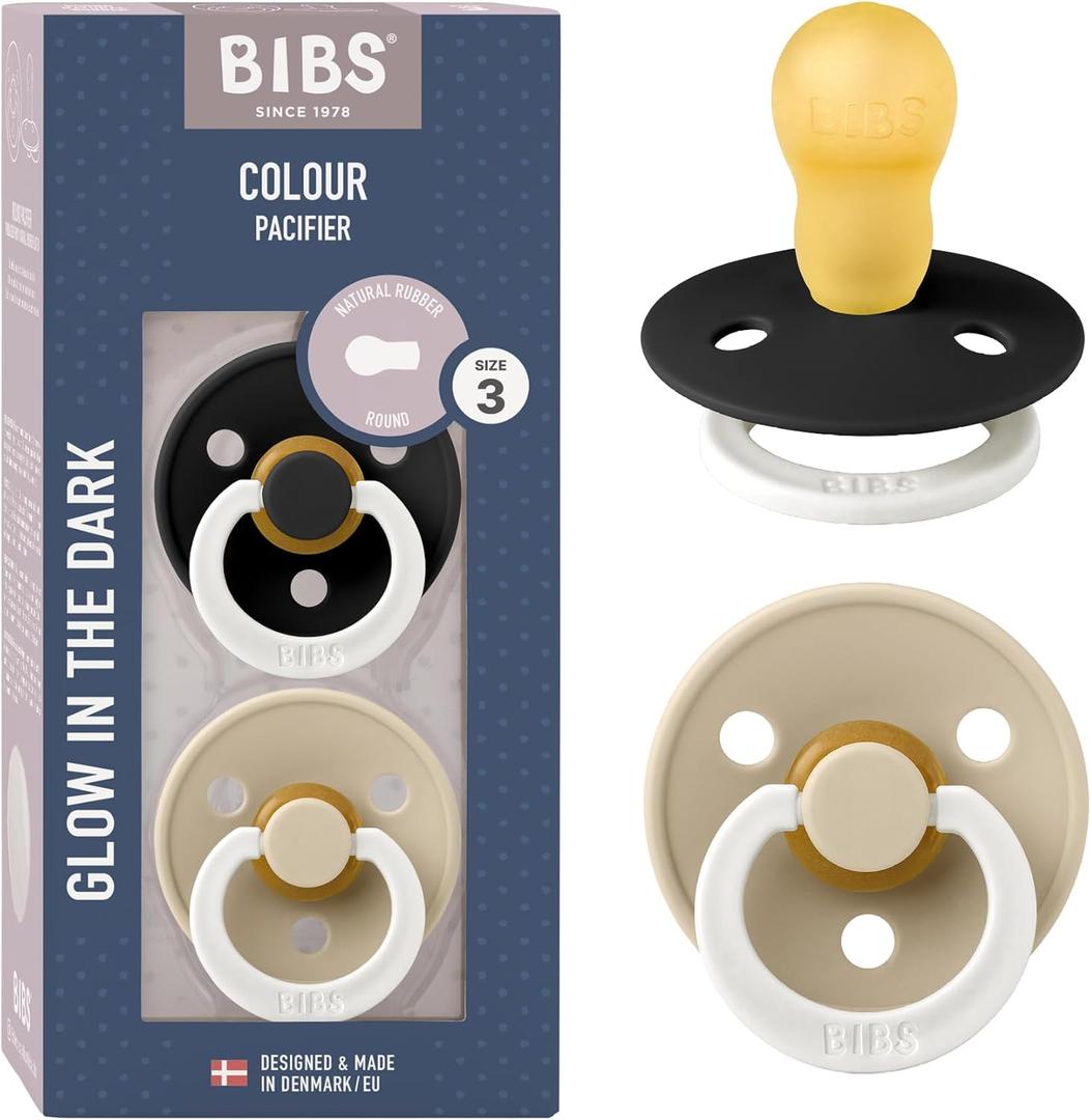 Bibs Pacifiers Color Collection, Set of 2 BPA-Free Latex Pacifiers Made in Europe, Round Nipple Baby Pacifier. (18+ Month (Pack of 2), Black Glow / Vanilla Glow)