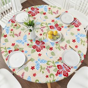 Smiry Round Picnic Tablecloth, Waterproof Elastic Fitted Table Covers for 57" - 68" Tables, Wipeable Flannel Backed Vinyl Tablecloths for Camping, Indoor, Outdoor, Light Yellow