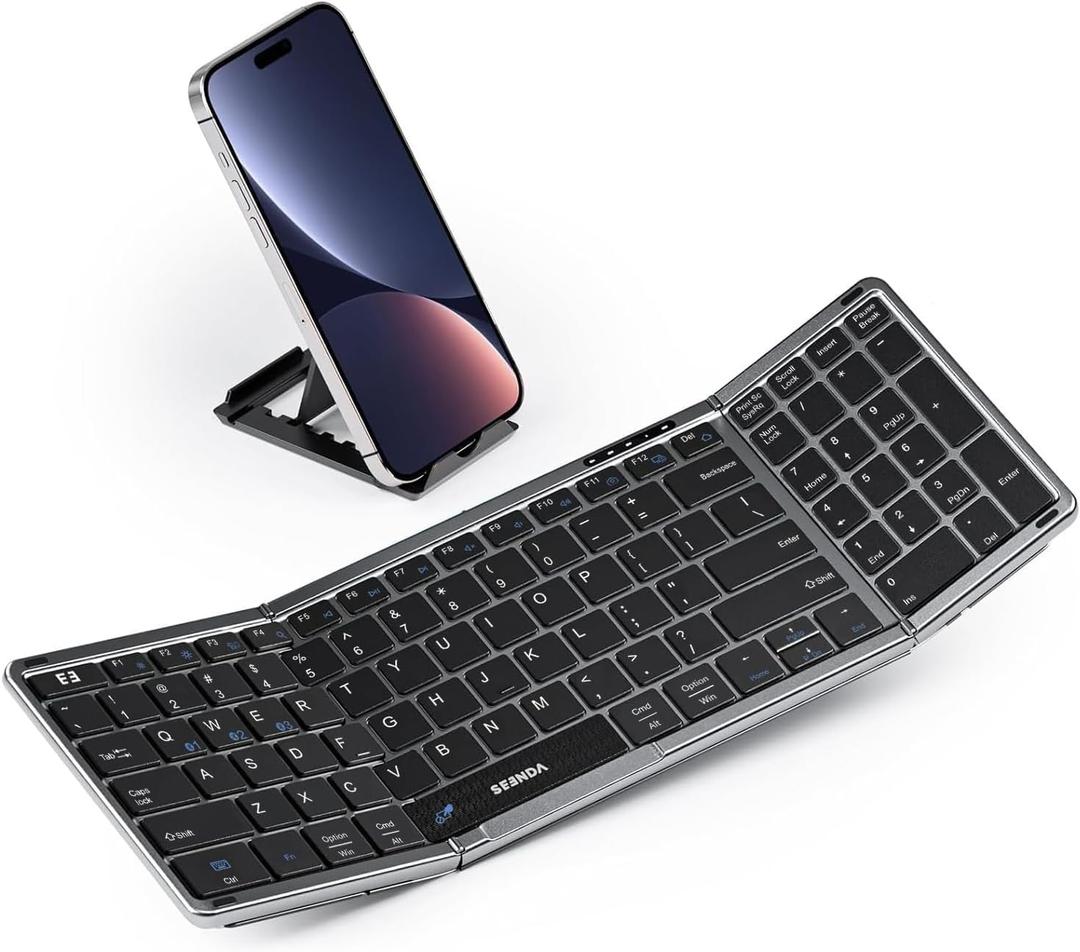 seenda Folding Keyboard with Number Pad, Portable Foldable Bluetooth Keyboard for Travel, Full-Size Rechargeable for Laptop Tablet PC Smartphone Windows iOS Android, Black