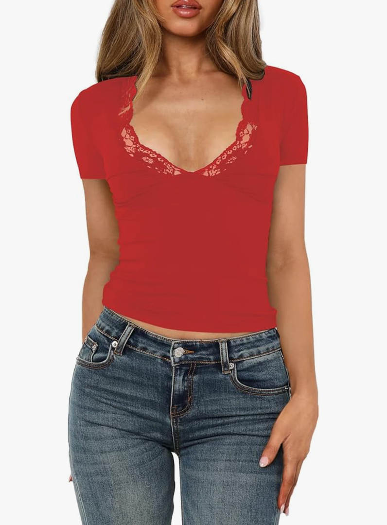Women's Short Sleeve Sexy Lace V-Neck Summer Going Out 2025 Crop Tops Slim Fit Tees Trendy Y2k Clothing, L
