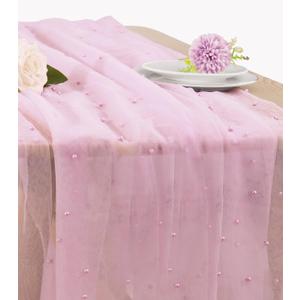 Pearl Table Runner 29 x 120 Inch Tulle Fabric Lace Table Runners for Bridal Shower Birthday Party Wedding Arch Dessert Table Decor(1 Pack, Pink)