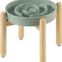 8.2inch Ceramic Raised Slow Feeder Dog Bowl Set, Elevated Wooden Stand for Large and Medium Dog, Puzzle Slow Dish, Anti-Gulping(Light Green, Single Bowl+ Stand)
