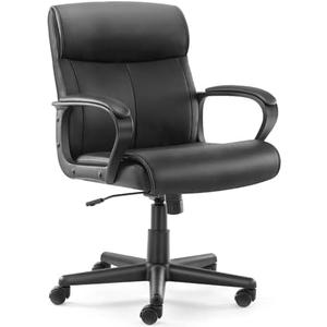 DUMOS Ergonomic Executive Office Chair with Padded Armrests, Mid Back Lumbar Support, Adjustable Height & Tilt, PU Leather Swivel Desk Chair for Home Office, Black