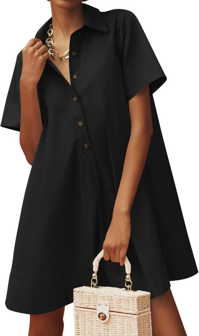 Wenrine Womens Button Down Shirt Dress Oversized Casual Short Sleeve Collared V Neck Summer Mini Dresses Black