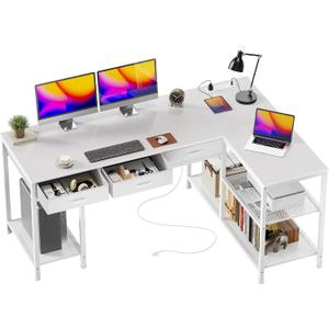 PRAISUN 55 Inch L Shaped Office Desk with Power Outlets and Type-C Port, Large Computer Gaming Desk with 3 Fabric Drawers, Mesh Shelves, Corner Study Work Writing Desk, White, 55.1inch
