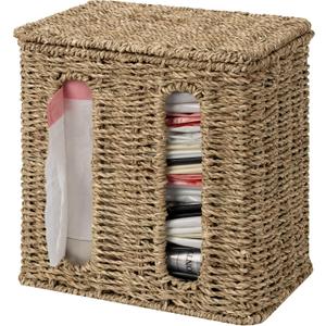 StorageWorks Garbage Bag Dispenser with Lid, Wall Mount Seagrass Plastic Bag Holder for Kitchen, Cabinet, Countertop, 2 Slots