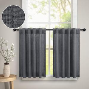 DANCURTON Kitchen Cafe Curtains 24 Inch Length 2 Panels Back Tab Pocket Light Filtering Sheer Privacy Linen Short Curtains for Small Window Dark Grey Curtain for Bathroom 30x24 Charcoal Gray Farmhouse