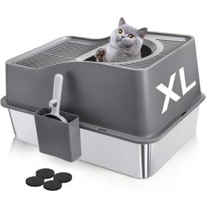 SOUJOY Stainless Steel Cat Litter Box with Lid, Extra Large Top Entry Litter Boxes for Big Cats, Enclosed Removable Metal Litter Box with Scoop and High Wall, Anti-Leakage, Easy Cleaning