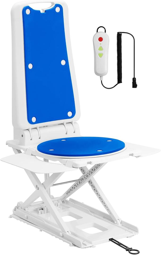 SUNDERWELL Electric Chair Lift for Elderly, 24 lbs Lightweight Floor Lift for Elderly Falls with 360Swivel Seat, Bath Lift Chair for Tub 308 lbs Capacity, IPX8 Waterproof & Remote Control (Blue)