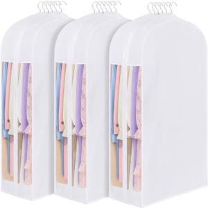 Kntiwiwo 43" Premium Cotton Garment Bag for Hanging Clothes, Breathable Suit Bags for Closet Storage with Extra Large 10" Gusseted & Clear Window, Dust Cover with Zipper for Suits, Jacket, 3 Pack