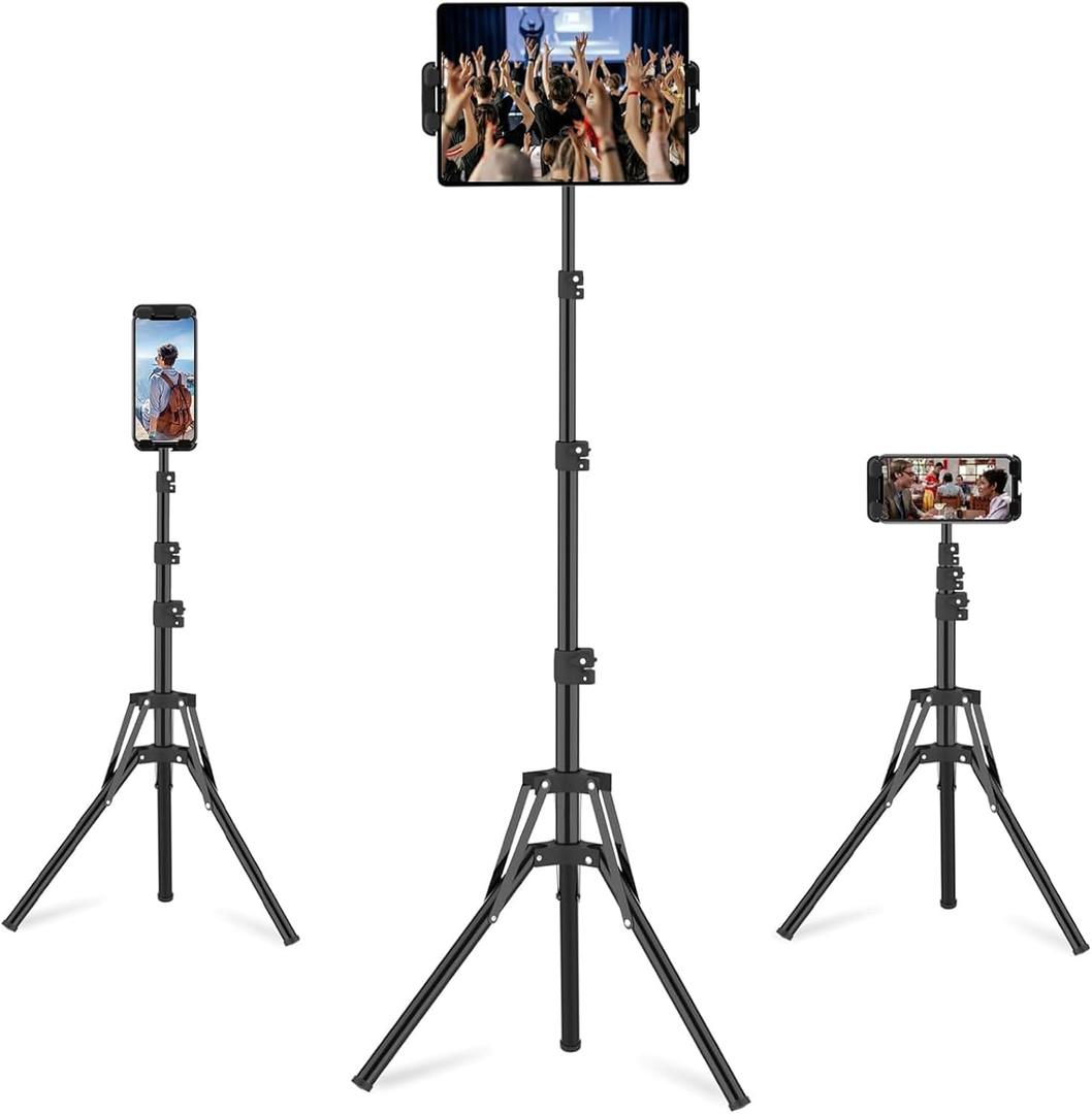 iPad Tripod Stand, 63" Height Adjustable Tripod for Tablet, 360 Rotation Tablet Floor Stand Mount Holder for iPad mini/Air/Pro, Smartphones and All 4.7" to 13.5" Devices