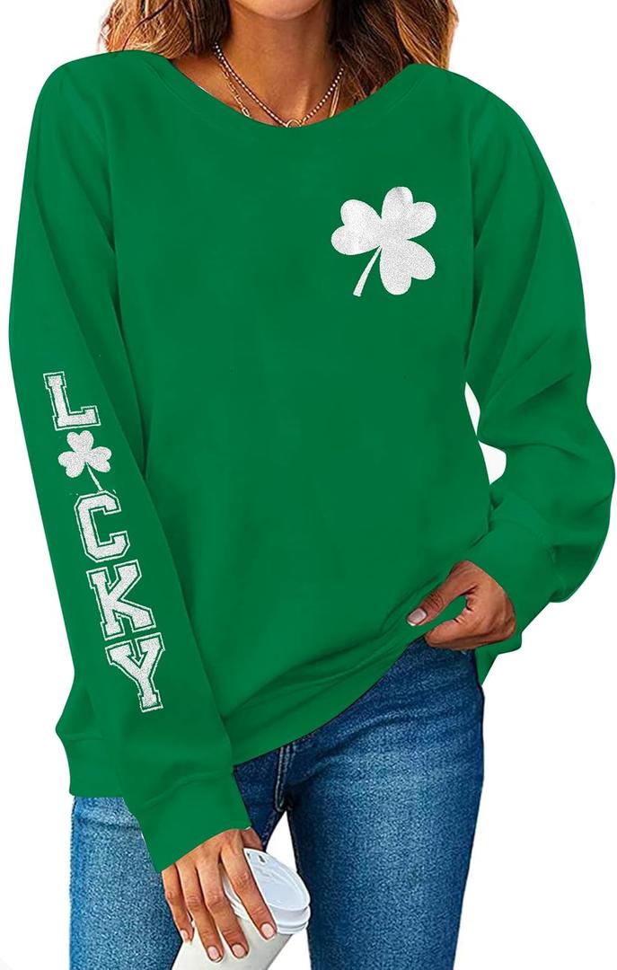 KIMSOONG St. Patrick's Day Sweatshirt for Women Sequins Shamrock Print Shirts Long Sleeve Crewneck Pullover Tops (Small, Green)