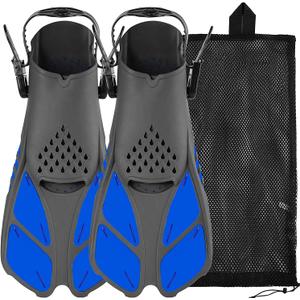 Sugaroom Swim Fins Open Heel, Adjustable Snorkel Fins Diving Fins with Mesh Bag, Snorkeling Gear Flippers Travel Size Short Flippers for Lap Swimming Scuba Dive Adult Men Women Kids (Blue)