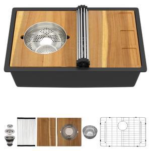 Talllor 28"x19" Granite Composite Kitchen Sink, Black Undermount Workstation All-In One Classic Quartz Single Bowl Kitchen Sink with Mixing Bowl & Pasta Strainer #TLGU-127