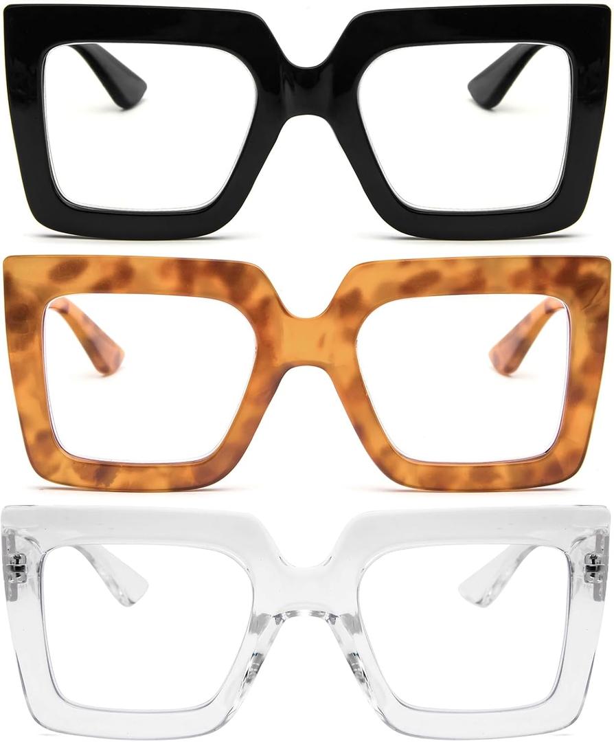 3 Pack Oversized Thick Frame Reading Glasses for Women,Stylish Square Large Readers Blocking Blue Light Glasses