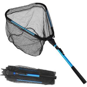 LBW Collapsible Rubber Fishing Net with Handle, Folding Kayak Net for Freshwater or Saltwater, Portable Landing Net for Trout, Catfish, Bass (Fixed Pole Blue)