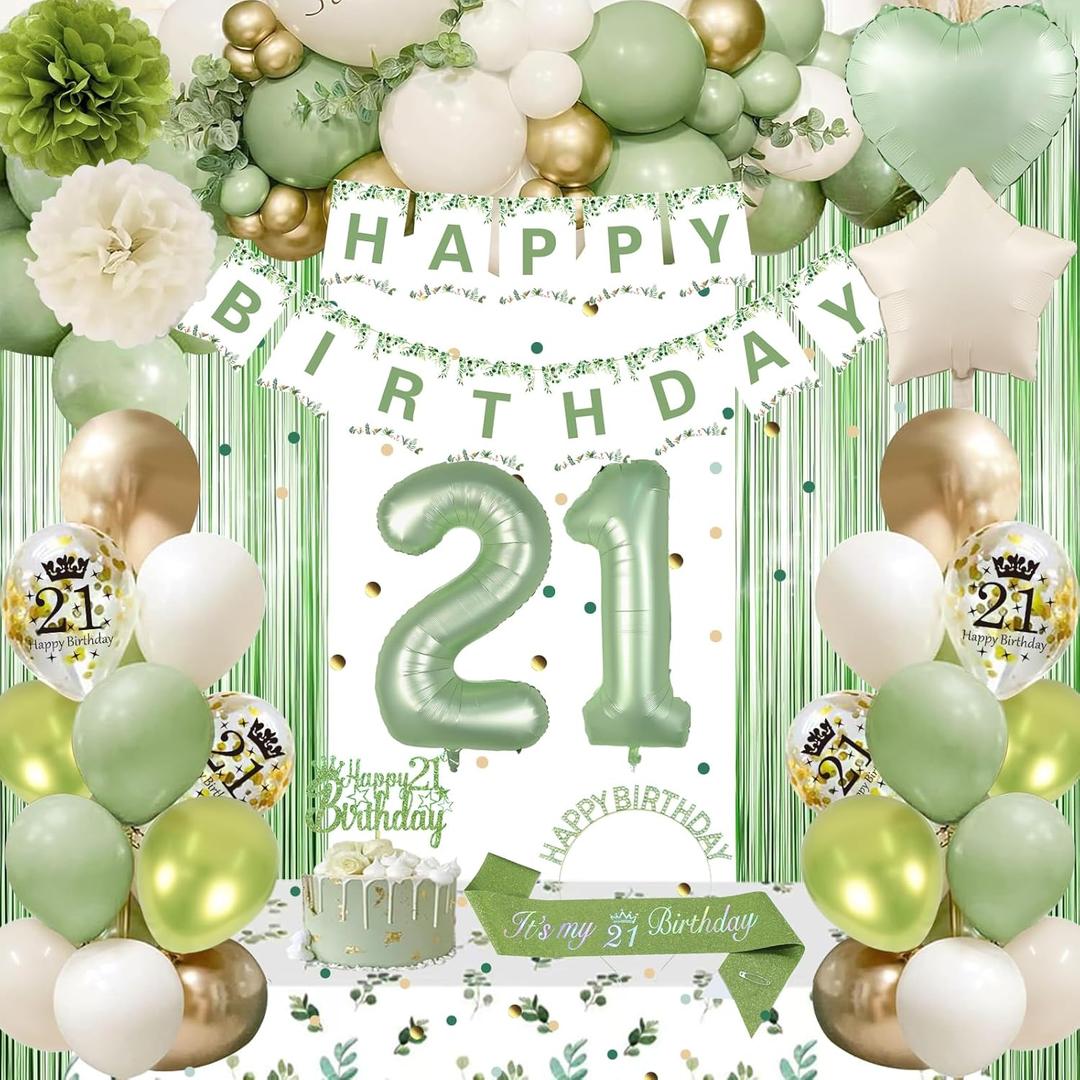 Sage Green 21st Birthday Decorations - Happy Birthday Banner, Gold Balloons, Crown, Sash, Fringe Curtain, Tablecloth, Cake Topper for Girls' 21st Party