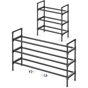 Kitsure Shoe Rack for Closet - Expandable Shoe Rack for Front Door Entrance, Rustproof Shoe Organizer for Entryway with Portable Handles, Black, 17.3~30.2 x 22.4