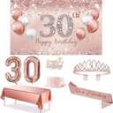 Trgowaul 30th Birthday Decorations Party Set for Women, Rose Gold 30 Birthday Banner and Tablecloth, 30 & Fabulous Sash and Crown, 1PC Happy 30th Birthday Cake Topper, Pink Gold 30 Number Balloons