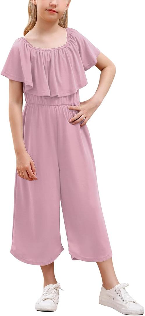 GORLYA Girls Scoop Neck Ruffle Overlay Jumpsuit Rompers Casual Loose Long Wide Leg Jumper Outfits 4-14T ( Size 12 Years, Pink)