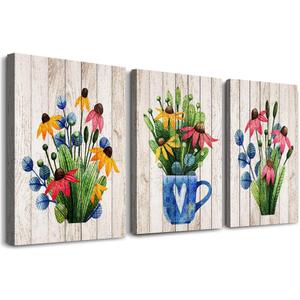 Vintage Wood grain plant flowers wall art for kitchen Wall Decorations for Living Room Bathroom Decorations room Wall decor 3 Pieces Framed Canvas print Artwork modern Office Home Decor painting