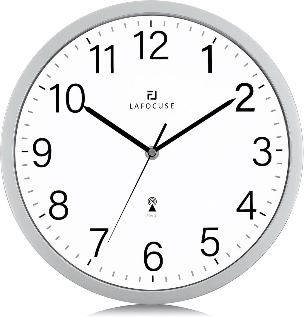 Lafocuse 12 Inch Analog Atomic Wall Clock Battery Operated, Modern Simple Silver Wall Clocks for Living Room for Kitchen Office Bedroom