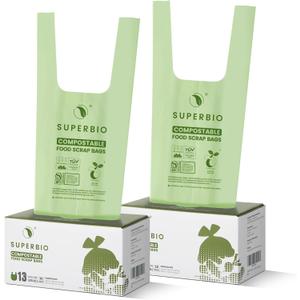 SUPERBIO 13 Gallon Handle Tie Compostable Food Waste Bags, 30 Count, 2 Pack, ASTM D6400, BPI and OK compost INDUSTRIAL, 49.2L, 0.87 Mil