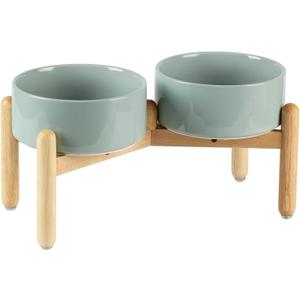 Ceramic 7.3inch Raised Double Bowls Set with Wooden Stand, Food & Water Bowls for Medium Breed Dogs, Weighted Dog Dishes, Pet Feeder(Light Green)