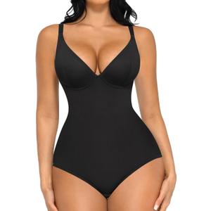 FeelinGirl Shapewear Bodysuits for Women Tummy Control Deep V Neck Body Suits with Built in Bra Tops (Black, XL)