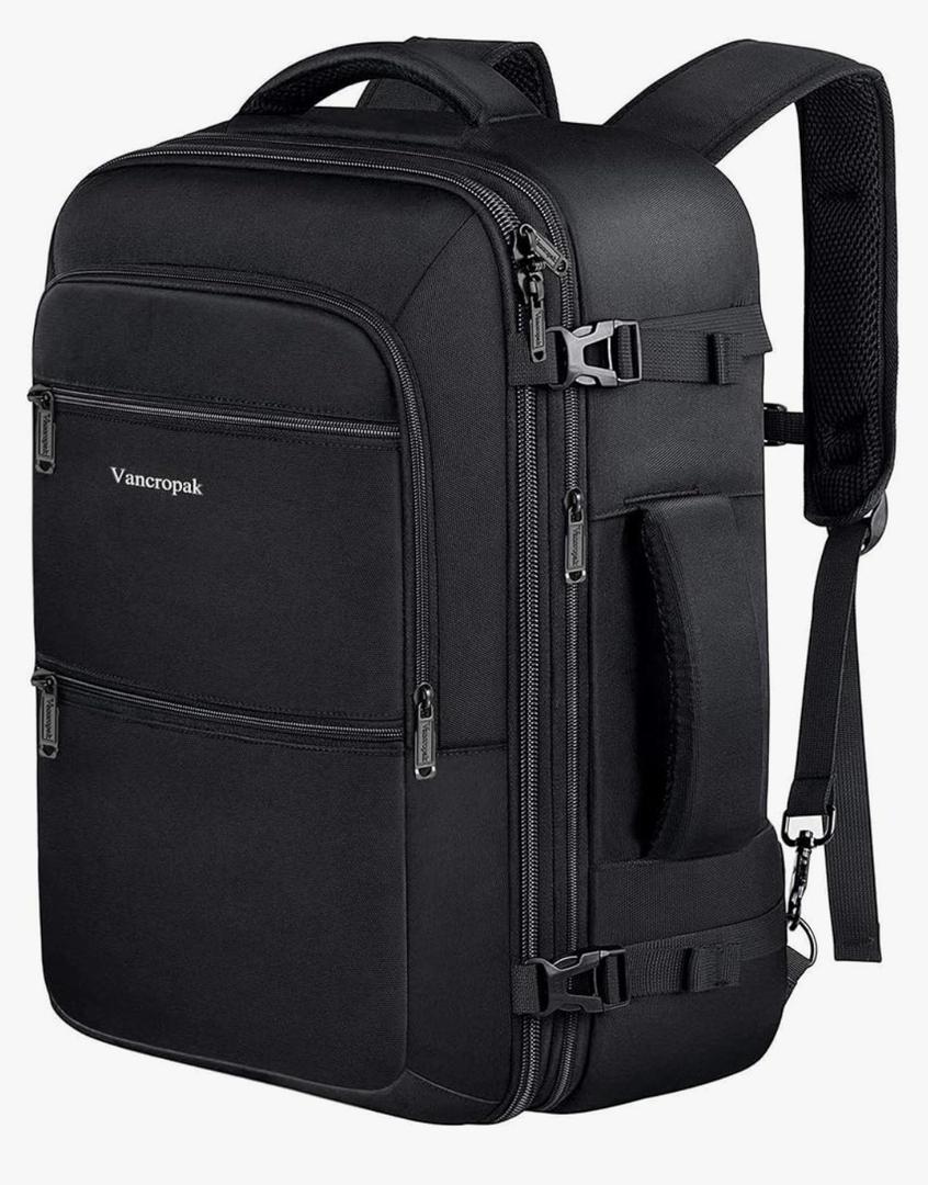 Vancropak Travel Backpack 40L Carry On Backpack for Men & Women BlackExpandable, Extra Large, Flight Approved, Water Resistant, Luggage Suitcase, Daypack, Lightweight, College, Business, Weekender Bag