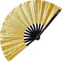 SoJourner Bags Glitter Gold Glitter Rave Fan - Large Folding Clack Fan for Men and Women - Rave Accessories for EDM, Line Dancing, Cosplay, Concerts and More