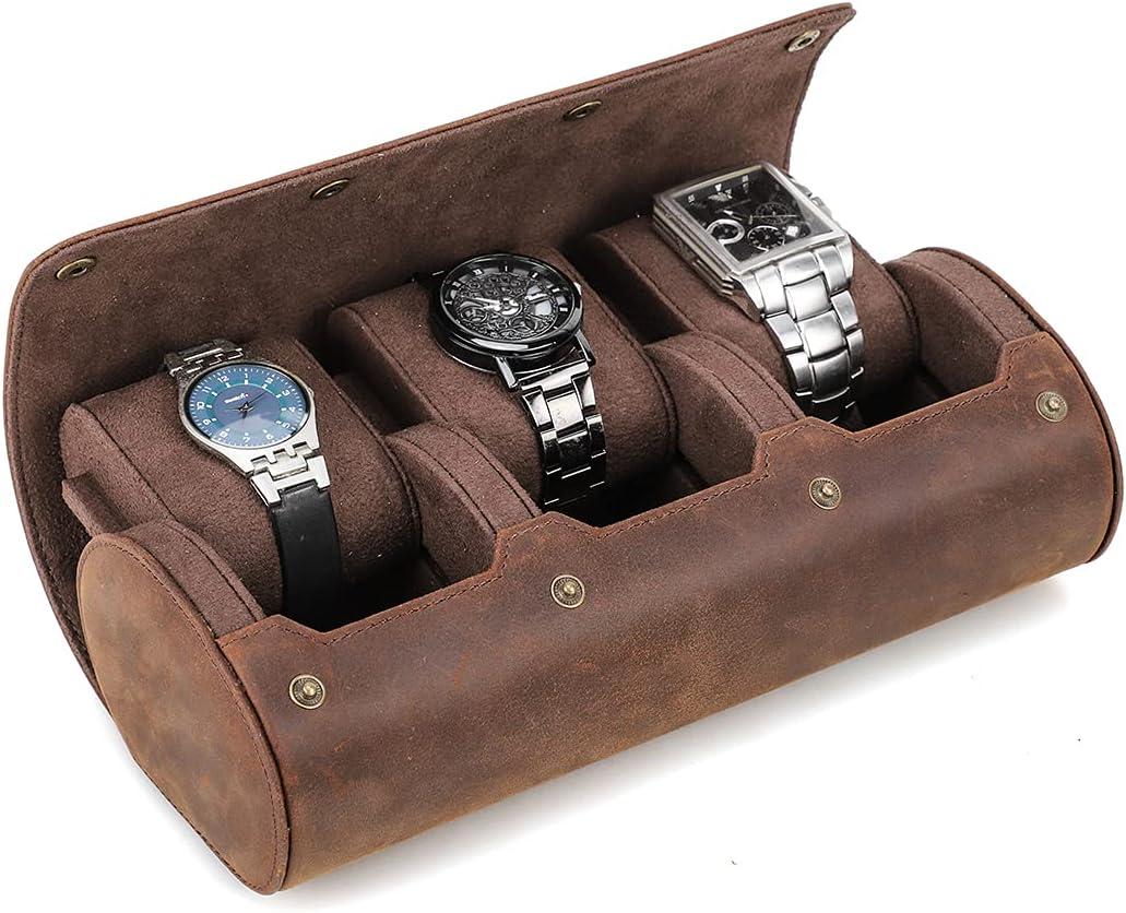 Hiram Leather Watch Roll Travel Case,Vintage Crazy Horse Leather 3-Slots Watch Box with Removable Velvet Pillows, Secure Metal Clasp, Perfect for Daily Display & Business Travel