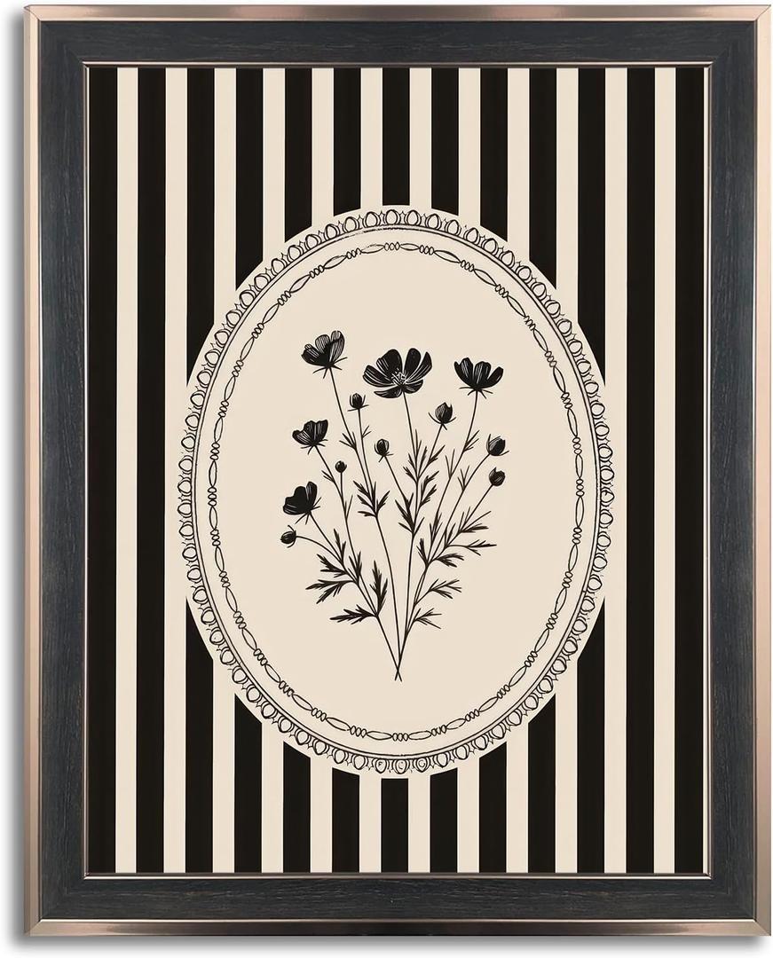 Framed Stripes Flower Canvas Wall Art Black White Striped Botanical Floral Wall Decor Pictures Vintage Cottage Wildflower Poster Prints for Living Room Bedroom Office 8x10in Ready to Hang