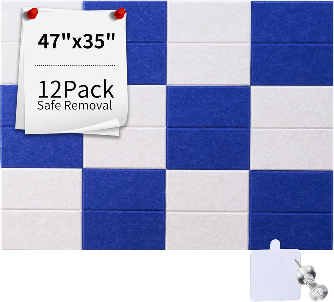 Large Felt Wall Tiles & Cork Board Set, 47x35 Inch | Includes 30 Push Pins & 96 Adhesive Tapes | 12 Felt Bulletin Board Tiles for Office, Dorm, Classroom, or Home Decor (Royal Blue and White)