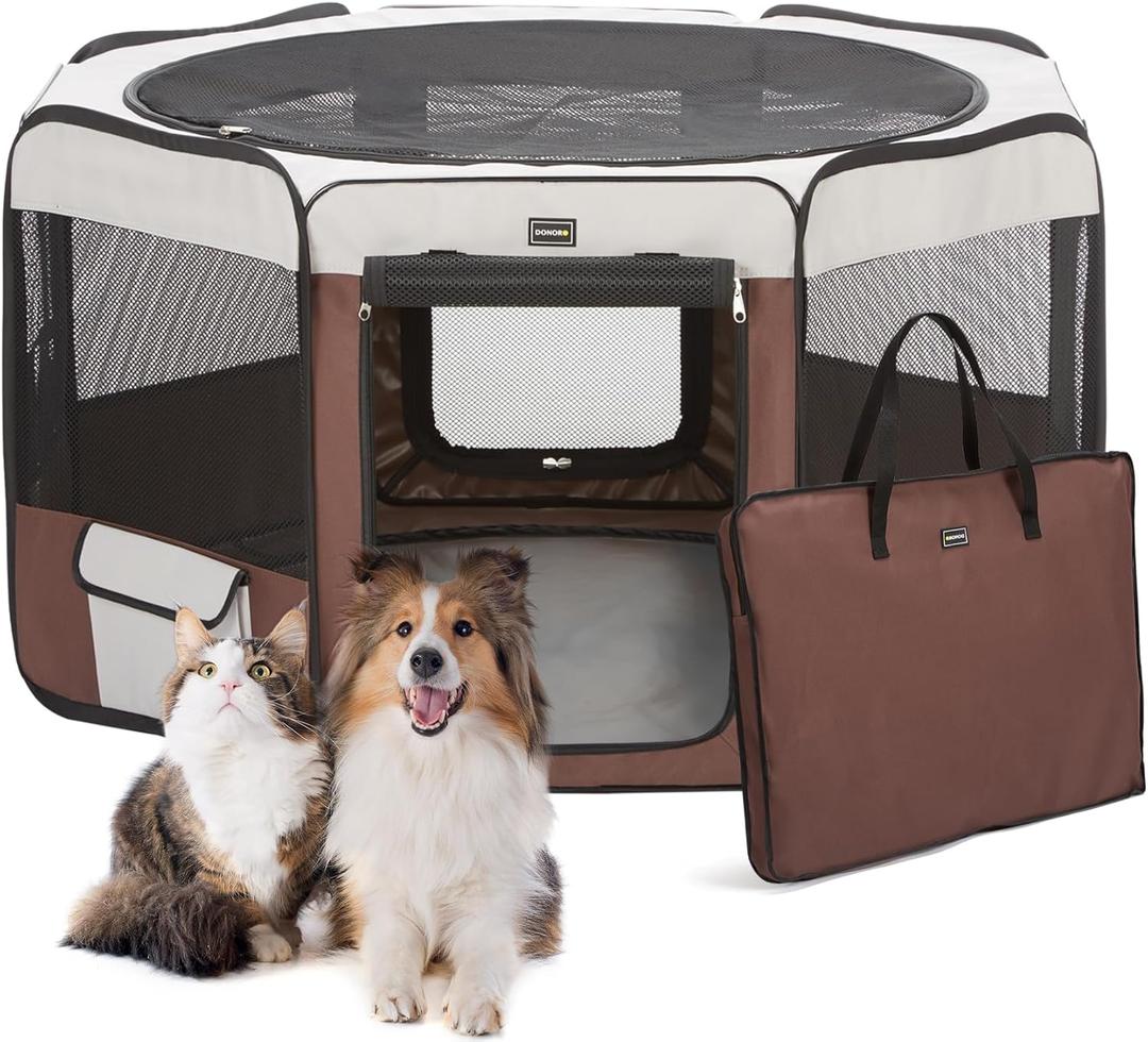 DONORO Dog Playpen Portable Pet Play Pens for Small Dog/Cat/Rabbit/Chicks, Cat Playpen Indoor/Outdoor with Carrying Case, Removable Zipper Top and Bottom (Brown, Small (28"x28"x14"), 8)