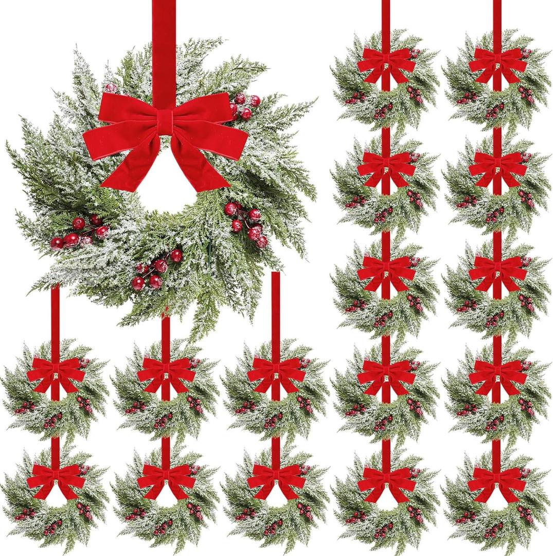 18 Pcs Small Christmas Norfolk Wreaths 15 Inch Christmas Kitchen Cabinet Mini Wreath Real Touch with Bow Ribbon Cedar Red Berry for Xmas Front Door Window Chair Fireplace Table Pillar Farmhouse Decor