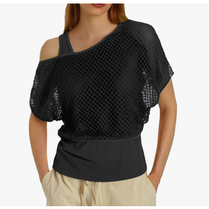 Generic Women 80s T Shirts Neon Fishnet Mesh Top Off Shoulder Tops for Women Polyester Running Shirts, Size M