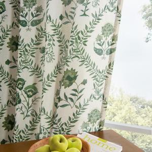 Green Floral Linen Spring Curtains for Living Dining Room 96 Inch Length 2 Panels Olive Plant Flower Patterned Printed Curtains Back Tab Semi Sheer Farmhouse French Country Drape for Bedroom 8FT