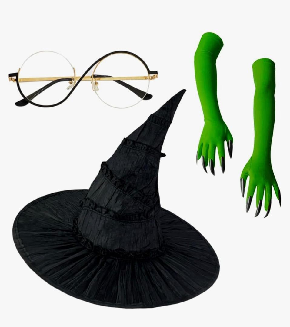 Halloween Witch Costume Set – Witch Hat, Green Claw Gloves & Glasses – 4pcs Dress-Up Kit for Cosplay & Party Fun