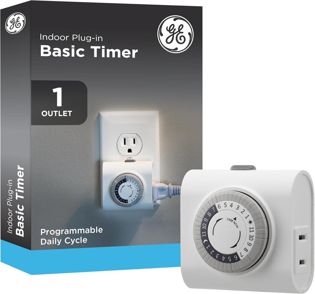 GE 24Hour Mechanical Outlet Timer Switch, Single Polarized Plugin Control for Indoor Lighting, Lamps, Christmas Trees and Seasonal Decor (1 Pack), 15119