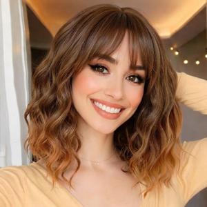 AISI HAIR Synthetic Wavy Curly Bob Wig with Bangs Ombre Brown to Auburn Brown Wig Short Hair for Women Synthetic Heat Resistant Bob Wigs